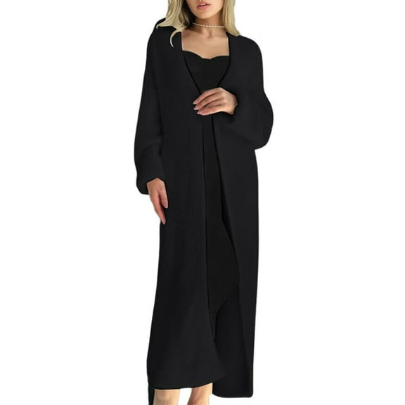 Women'S Loose V-Neck Long-Sleeved Knitted Cardigan Fall Winter over-Knee Length Lazy Style Coat Black One size