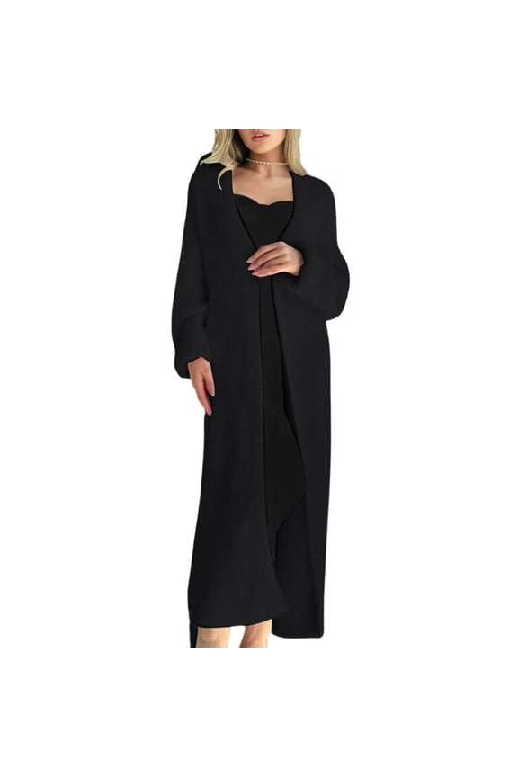 Women'S Loose V-Neck Long-Sleeved Knitted Cardigan Fall Winter over-Knee Length Lazy Style Coat Black One size