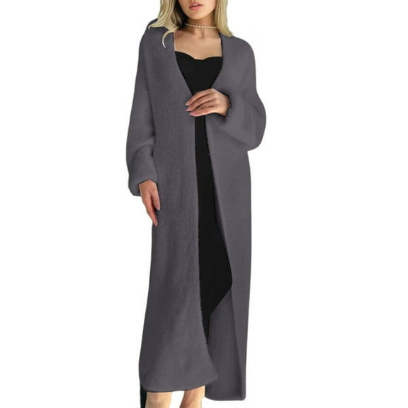 Women'S Loose V-Neck Long-Sleeved Knitted Cardigan Fall Winter over-Knee Length Lazy Style Coat Dark Grey One Size