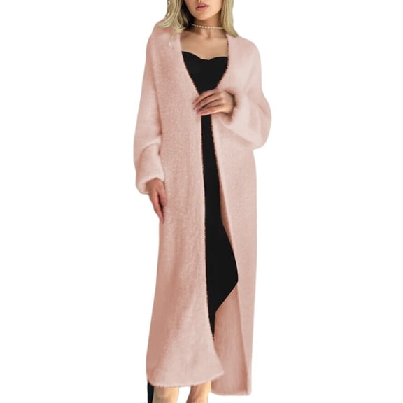 Women'S Loose V-Neck Long-Sleeved Knitted Cardigan Fall Winter over-Knee Length Lazy Style Coat Pink One size