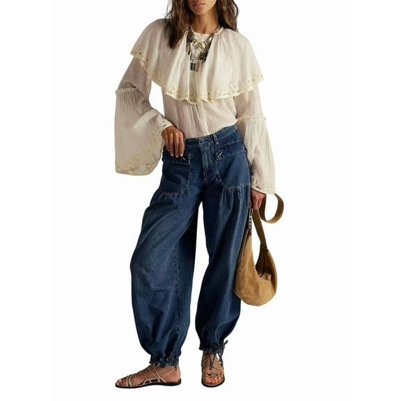 Women'S Lotus Tube Jeans Mid Rise Baggy Wide Leg Jeans Ruffle Pleated Denim Pants with Drawstring  M