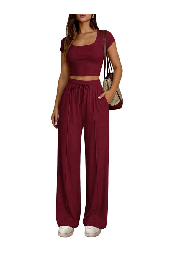 Women'S Lounge Sets 2 Piece Wide Leg Pants Crop Tops Casual Y2K Outfits Matching Tracksuit Set Wine Red M