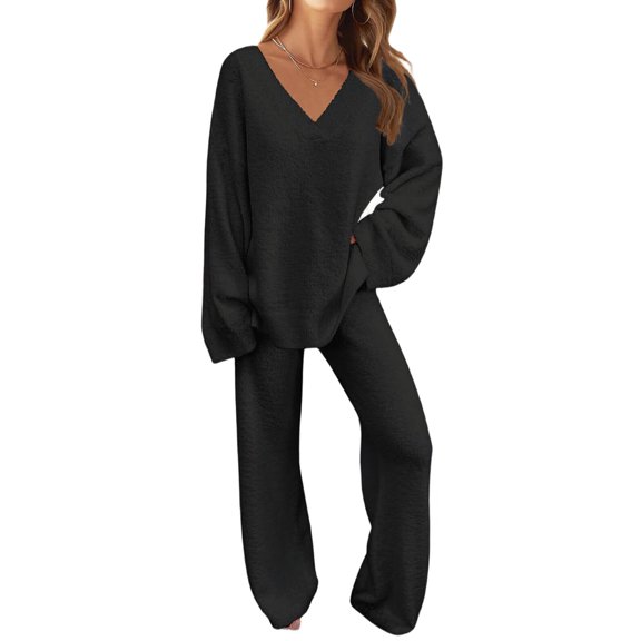 Women'S Lounge Sets Fall Fashion 2 Piece Outfits Sweater Pajama Set Fuzzy Loungewear Matching Winter Clothes Black XL