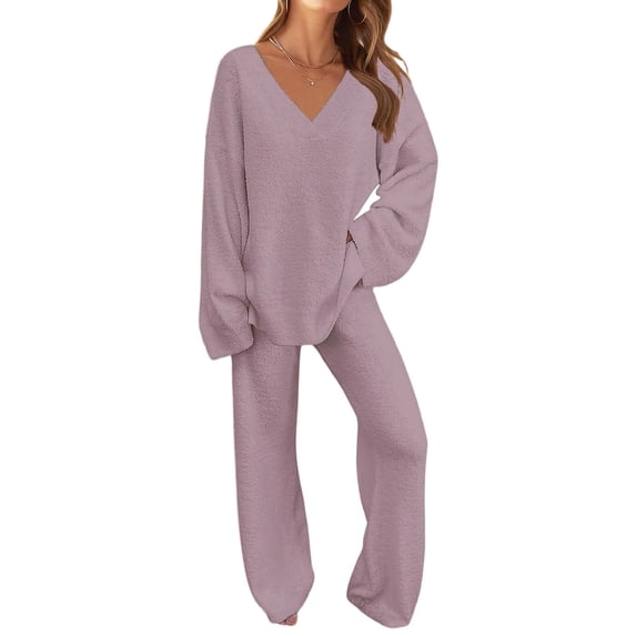 Women'S Lounge Sets Fall Fashion 2 Piece Outfits Sweater Pajama Set Fuzzy Loungewear Matching Winter Clothes Light Purple M