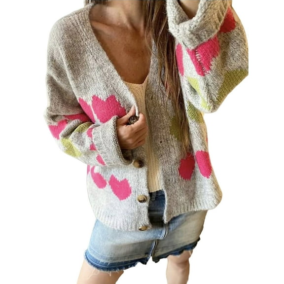 Women'S Love Floral Pattern Front Button Down Cardigan Fall Winter Casual Long Sleeve V-Neck Sweater for Women Gray XL