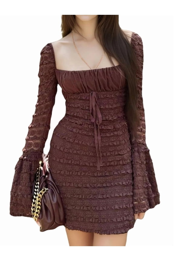 Women'S Low-Cut Square Neckline Pleated Slimming Flared Long Sleeve Bodycon Mini Dress Brown L
