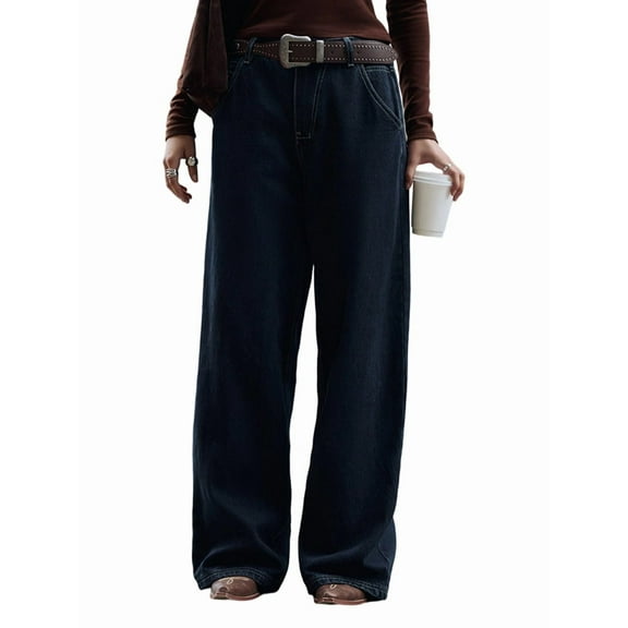 Women'S Low-Rise Loose-Fitting Jeans Y2k Straight-Leg Wide-Leg Boyfriend Style Street Style Casual Jeans Dark Blue XXL
