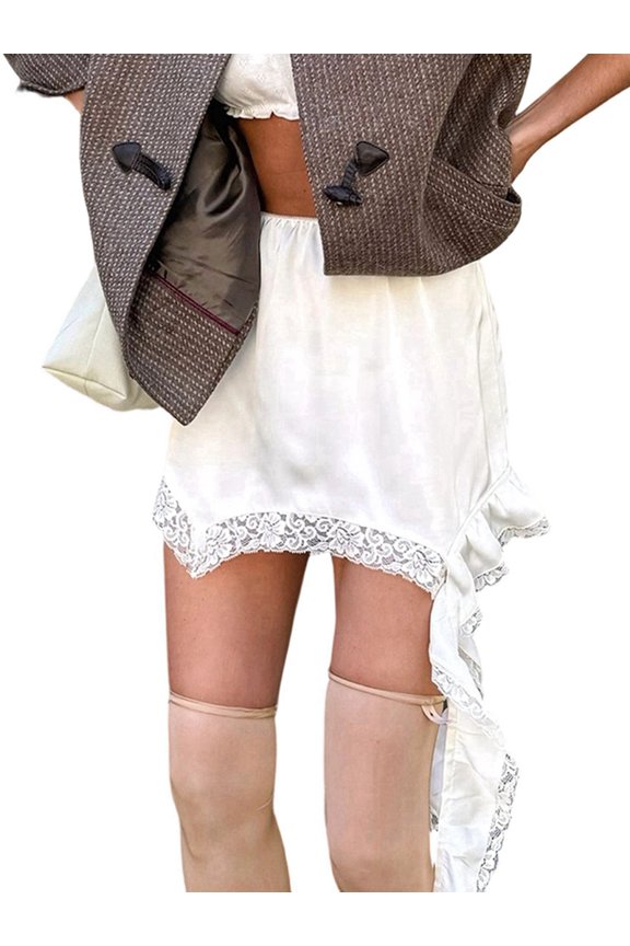 Women'S Low Rise Ruffle Flowy Mini Skirt Lace Skort with Shorts for Party White L