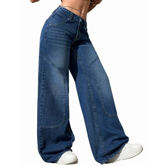 Women'S Low-Rise Straight Jeans Casual Loose Boyfriend Style Wide-Leg Jeans Blue L