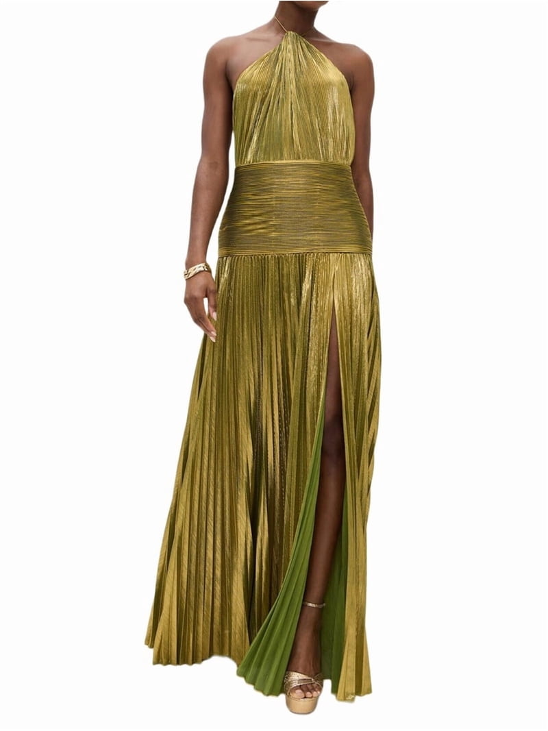 Women'S Luxury Metallic Pleated Slit Tie Halter Sleeveless Elegant Pleated  Maxi Dress Gold M - Walmart.com