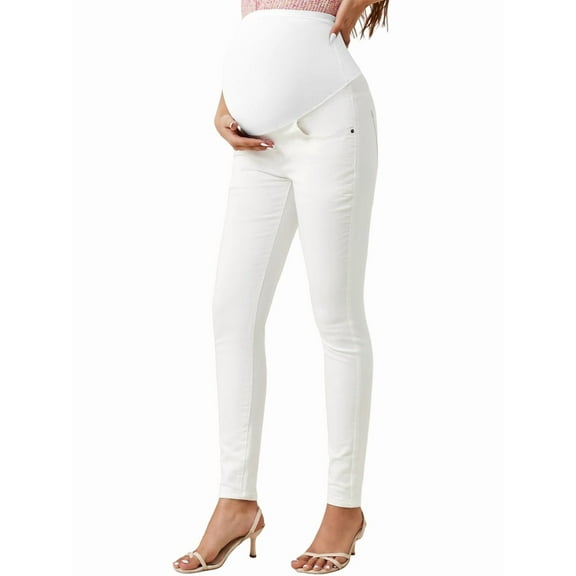 Women'S Maternity Jeans over Belly Skinny Stretchy Denim Pants Comfy Slim Pregnancy Pants White M