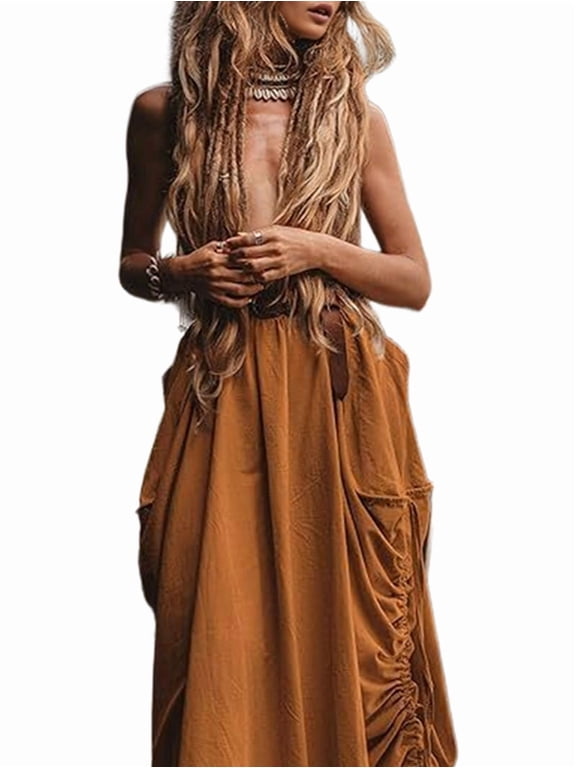 Women'S Maxi Boho Skirt with Pockets Bohemian Hippie Gypsy Beige L