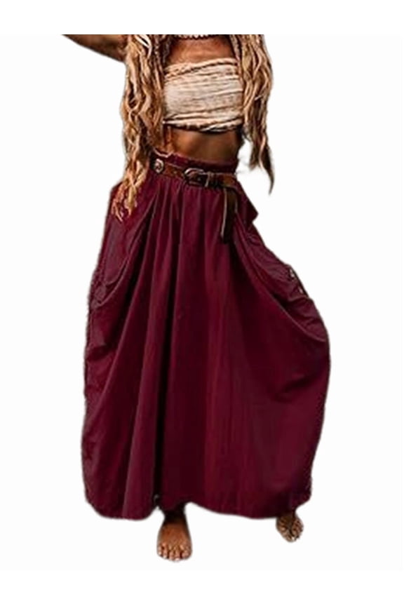 Women'S Maxi Boho Skirt with Pockets Bohemian Hippie Gypsy Deep Red L