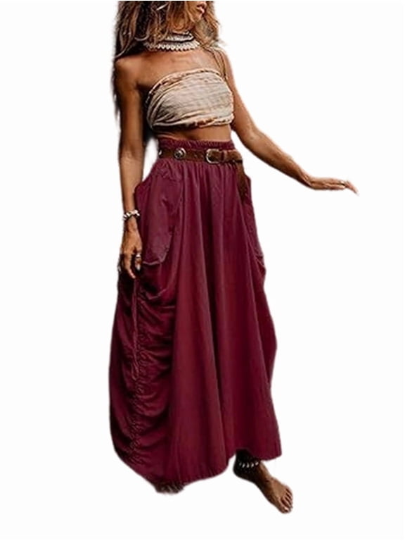 Women'S Maxi Boho Skirt with Pockets Bohemian Hippie Gypsy Deep Red M