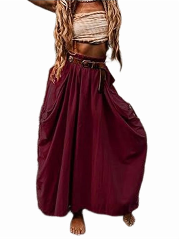 Women'S Maxi Boho Skirt with Pockets Bohemian Hippie Gypsy Deep Red M