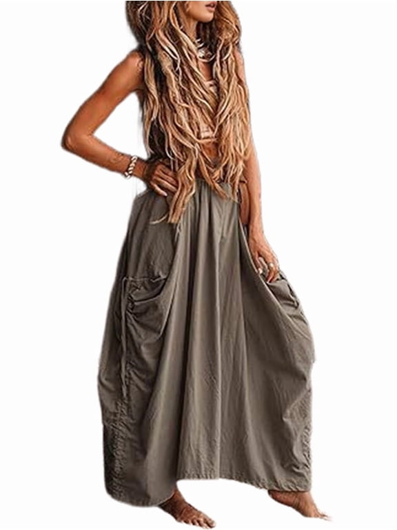 Women'S Maxi Boho Skirt with Pockets Bohemian Hippie Gypsy Gray L