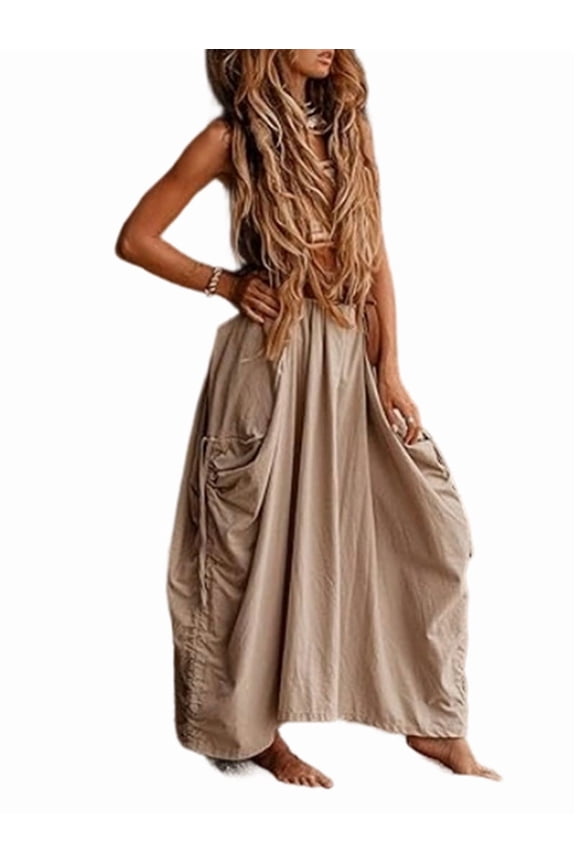 Women'S Maxi Boho Skirt with Pockets Bohemian Hippie Gypsy Khaki XXL