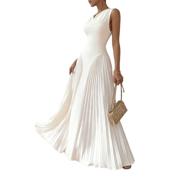 Women'S Maxi Dress Sleeveless Pleated A Line Mock Neck Flowy Long Dresses White L