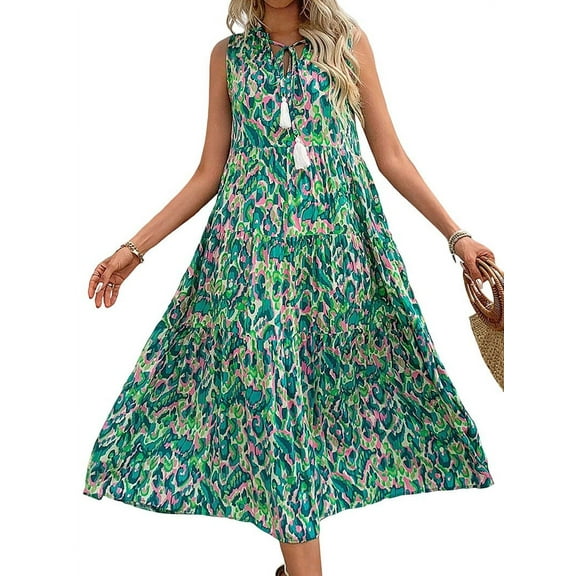 Women'S Maxi Dress Summer Sleeveless Bohemian Floral V Neck Tie Front Fringe Flowy Long Dress Vacation Beach Sundress Green L