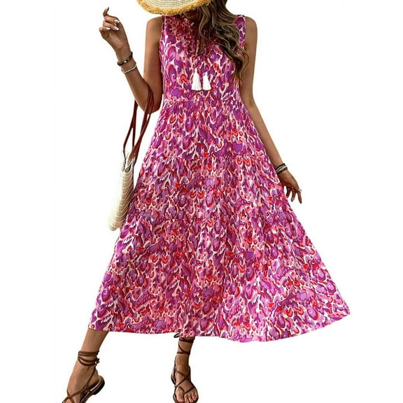 Women'S Maxi Dress Summer Sleeveless Bohemian Floral V Neck Tie Front Fringe Flowy Long Dress Vacation Beach Sundress Rose Red S