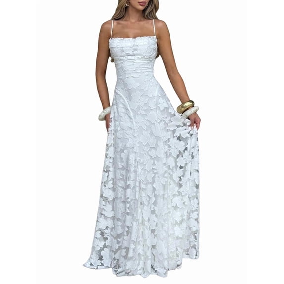 Women'S Maxi Dresses Wedding Guest Dress A-Line Long Square Neck Backless Sling for Beach White S