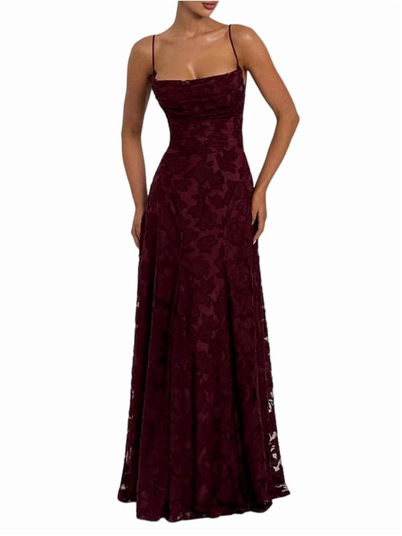 Women'S Maxi Dresses Wedding Guest Dress A-Line Long Square Neck Backless Sling for Beach Wine Red S
