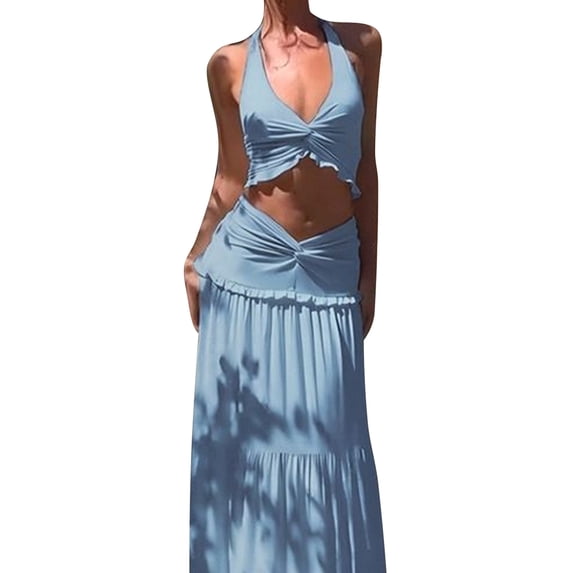 Women'S Maxi Skirt Set 2 Piece Outfits Sleeveless Strap Top Maxi Skirt Vacation Skirt Set Blue S