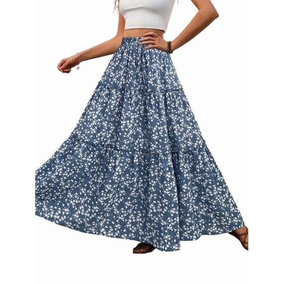 Women'S Maxi Skirts Summer Boho Floral Elastic High Waist Flowy Swing Pleated Beach Long Skirt Blue L