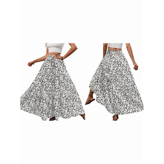 Women'S Maxi Skirts Summer Boho Floral Elastic High Waist Flowy Swing Pleated Beach Long Skirt White L