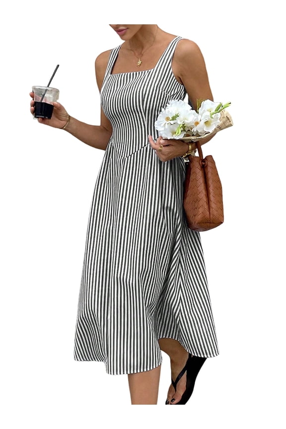 Women'S Maxi Striped Dress Summer Sleeveless Square Neck Smocked A Line Flowy Spring Vacation Sundress Black L