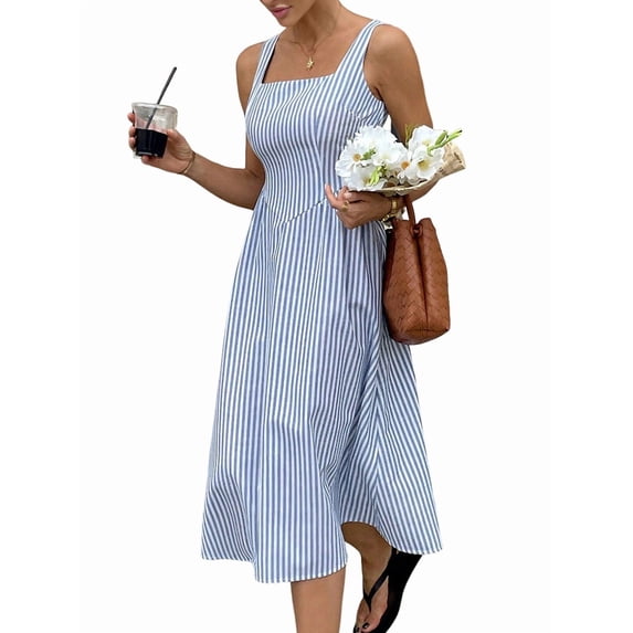 Women'S Maxi Striped Dress Summer Sleeveless Square Neck Smocked A Line Flowy Spring Vacation Sundress Blue S