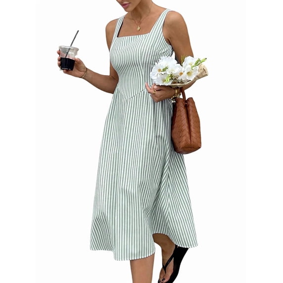 Women'S Maxi Striped Dress Summer Sleeveless Square Neck Smocked A Line Flowy Spring Vacation Sundress Green M