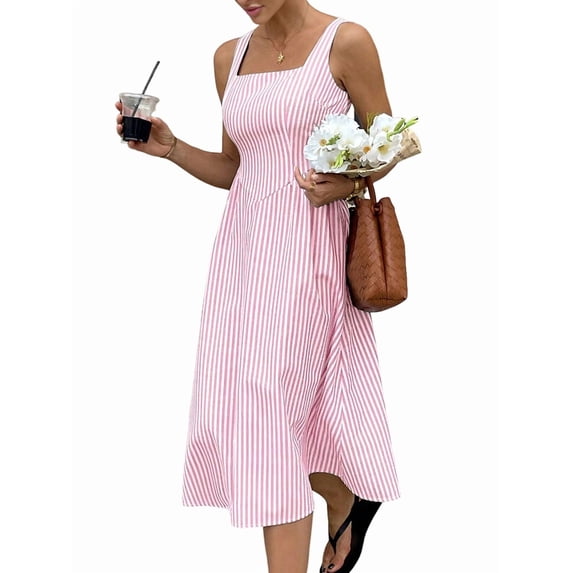 Women'S Maxi Striped Dress Summer Sleeveless Square Neck Smocked A Line Flowy Spring Vacation Sundress Pink M