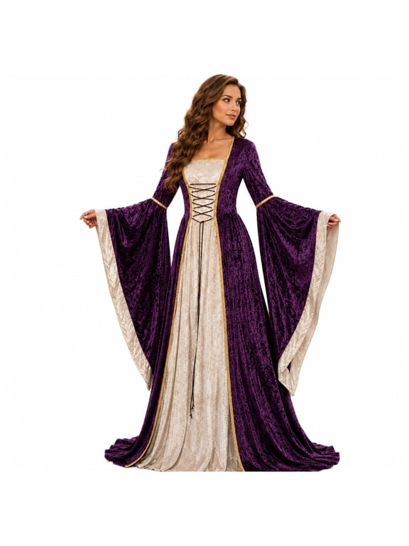 Women'S Medieval Velvet Long Dress With Flared Sleeves, European Court Inspired Costume Outfit For Halloween Parties, Cosplay Events, Stage Performances, Photo Sessions And Themed Gatherings