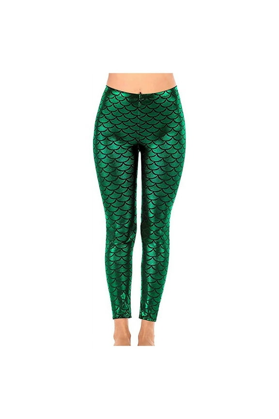 Women'S Mermaid Legging in Shiny Green Fish Scale Design High Waisted Stretch Pants for Casual and Party Wear-L