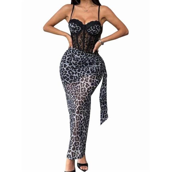 Women'S Mesh Corset Dress Sleeveless Satin Slit Dresses Party Cocktail Ruched Bodycon Dress Gray M