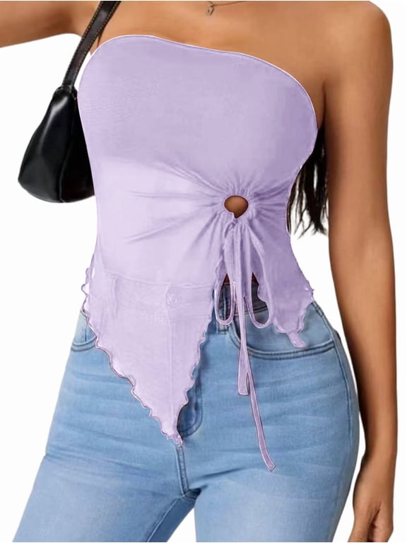 Women'S Mesh Drawstring Split Tube Top Strapless Sleeveless Asymmetrical Hem Summer Tops Lavender L