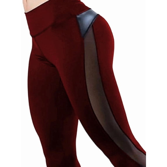 Women'S Mesh High Waist Yoga Leggings with Pockets, Tummy Control, 4-Way Stretch Wine Red M