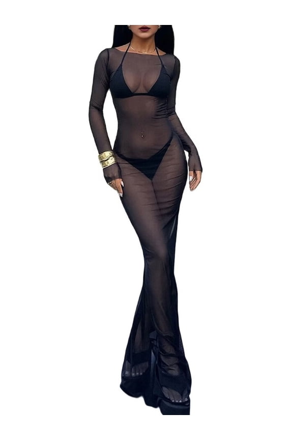 Women'S Mesh Maxi Dress See Through Bodycon Sheer Dresses Summer Swimwear Cover Ups Black S