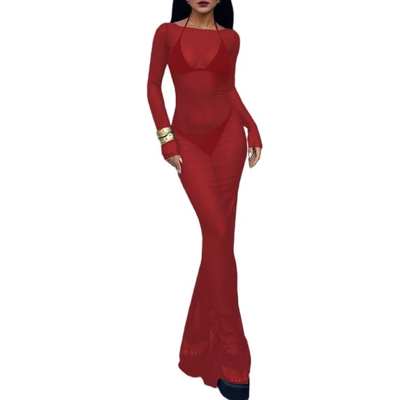 Women'S Mesh Maxi Dress See Through Bodycon Sheer Dresses Summer Swimwear Cover Ups Red L