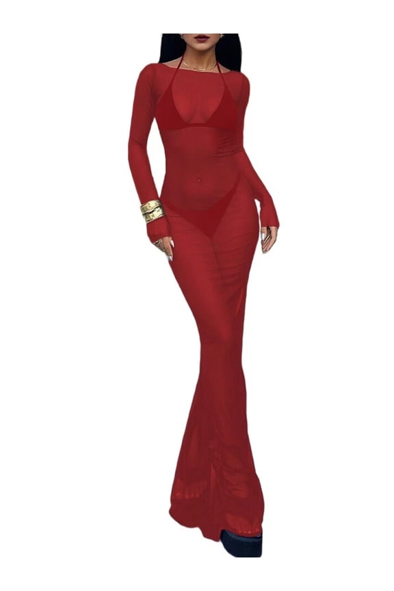 Women'S Mesh Maxi Dress See Through Bodycon Sheer Dresses Summer Swimwear Cover Ups Red L