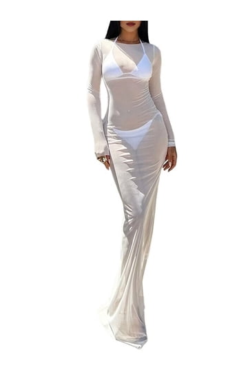 knee length dresses for ladies Nude Crystal Embellished Transparent Maxi Dress – IULOVER