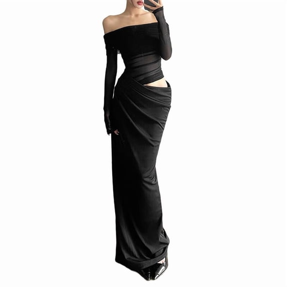 Women'S Mesh Off Shoulder Dress Elegant Sheer See Through Long Sleeve Ruched Bodycon Maxi Dresses Black S