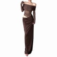 thumbnail image 1 of Women'S Mesh Off Shoulder Dress Elegant Sheer See Through Long Sleeve Ruched Bodycon Maxi Dresses Brown S, 1 of 9