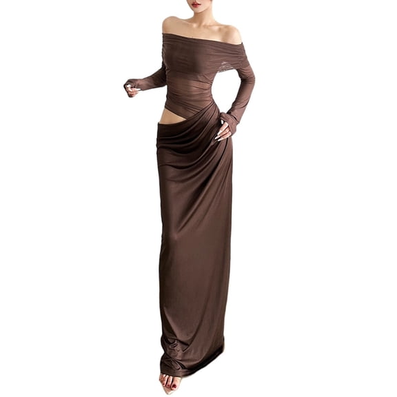 Women'S Mesh Off Shoulder Dress Elegant Sheer See Through Long Sleeve Ruched Bodycon Maxi Dresses Brown XL