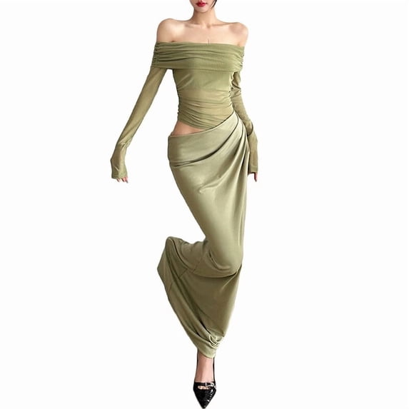 Women'S Mesh Off Shoulder Dress Elegant Sheer See Through Long Sleeve Ruched Bodycon Maxi Dresses Green M