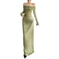 thumbnail image 1 of Women'S Mesh Off Shoulder Dress Elegant Sheer See Through Long Sleeve Ruched Bodycon Maxi Dresses Green S, 1 of 9