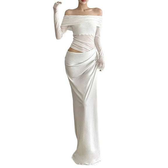 Women'S Mesh Off Shoulder Dress Elegant Sheer See Through Long Sleeve Ruched Bodycon Maxi Dresses White S