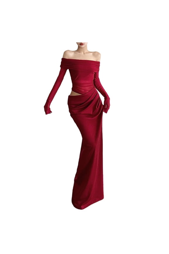Women'S Mesh Off Shoulder Dress Elegant Sheer See Through Long Sleeve Ruched Bodycon Maxi Dresses Wine Red S
