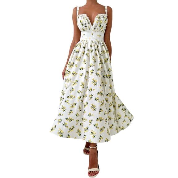 Women'S Mesh Printed Strappy Maxi Dress Vacation Casual Party Summer Dress Beachwear Gown Beige L